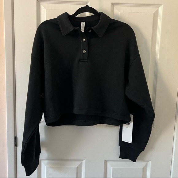NWT ALO Yoga cropped Polo Henley pullover sweatshirt in black, small - Picture 5 of 12